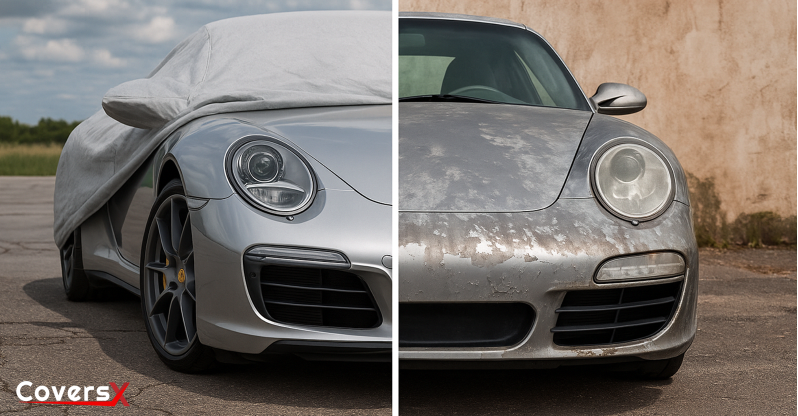 A Car with and without a car cover